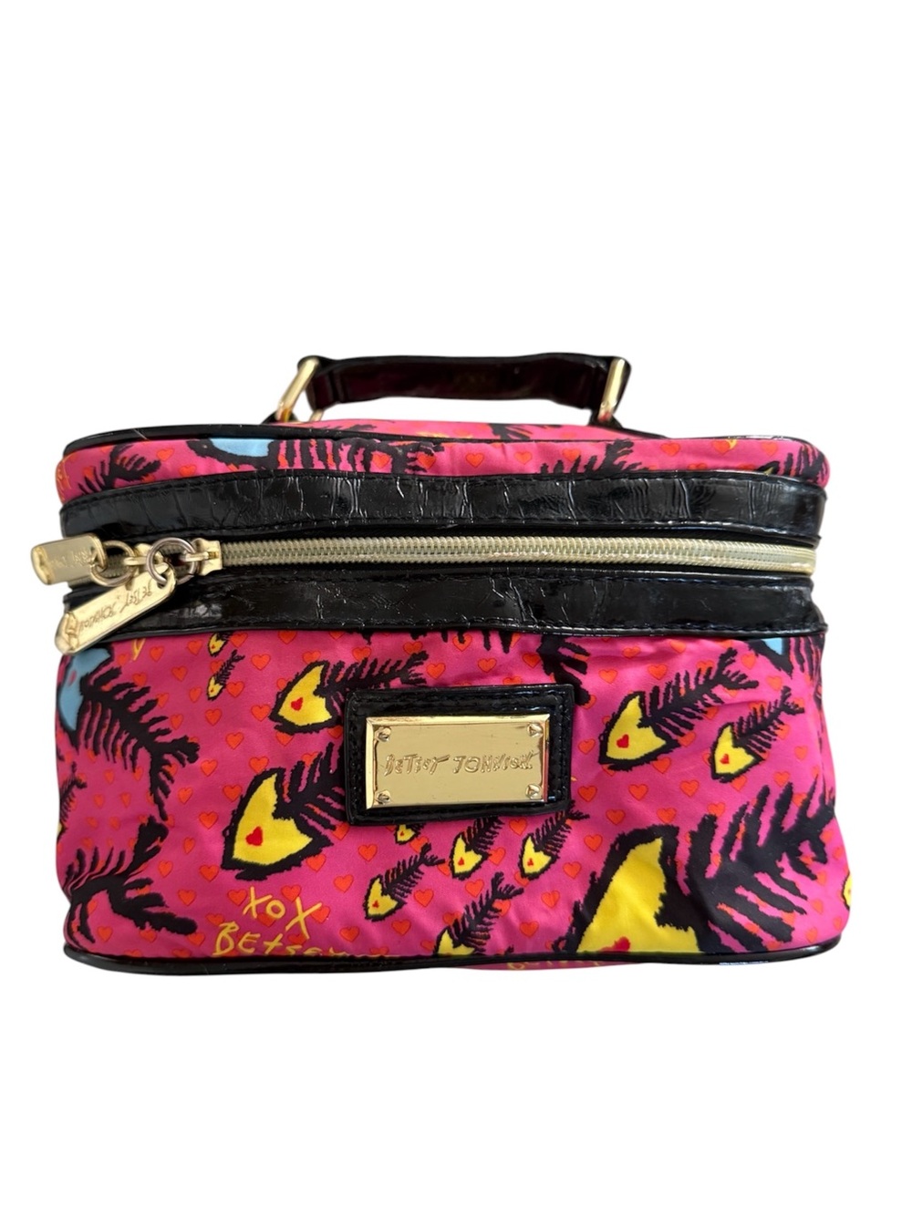 Betsey Johnson Hot Pink Fish Print Cosmetic Bag with Yellow Accents